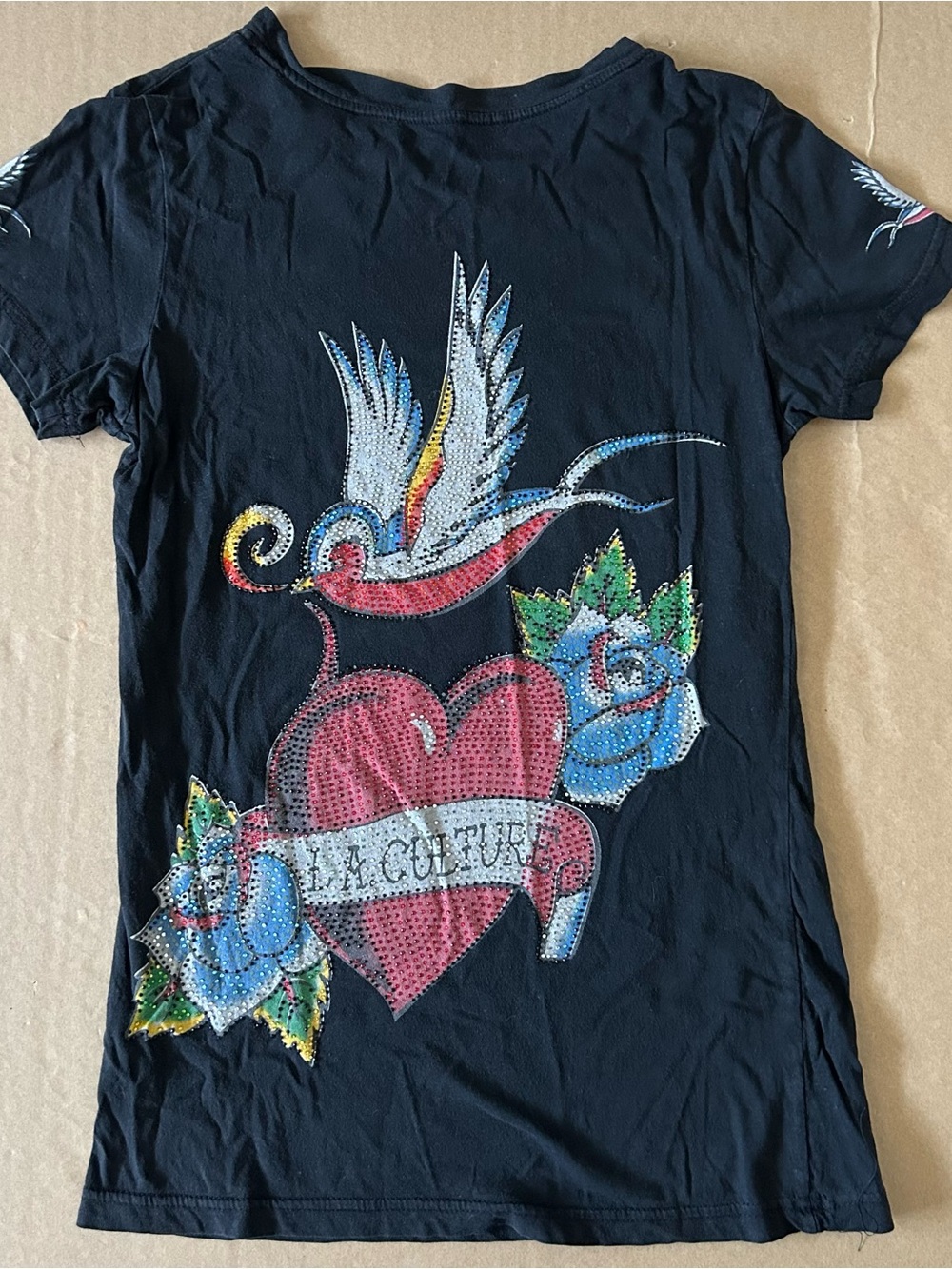 LA Culture Rhinestone Bedazzled Baby Tee Juniors Large Ed Hardy Style Bird Heart